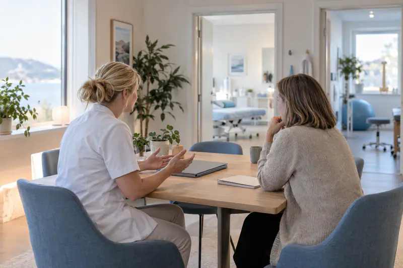 En klinikkleder og en samarbeidspartner snakker sammen ved et bord i et lyst klinikkrom