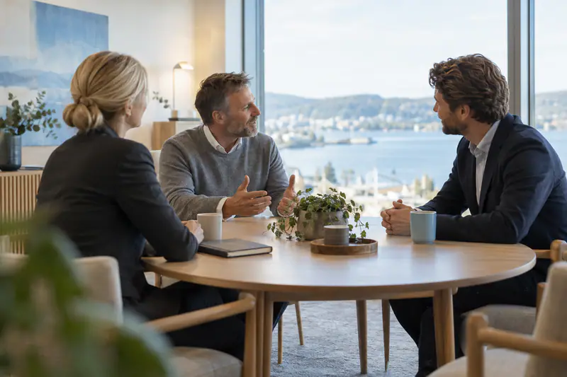 En advokat møter en klient og en ny kontakt rundt et bord i et rolig møterom