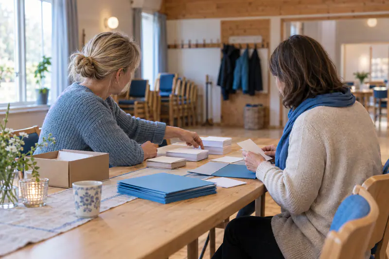 To frivillige i et norsk forsamlingshus sorterer medlemskort og mapper ved et langbord