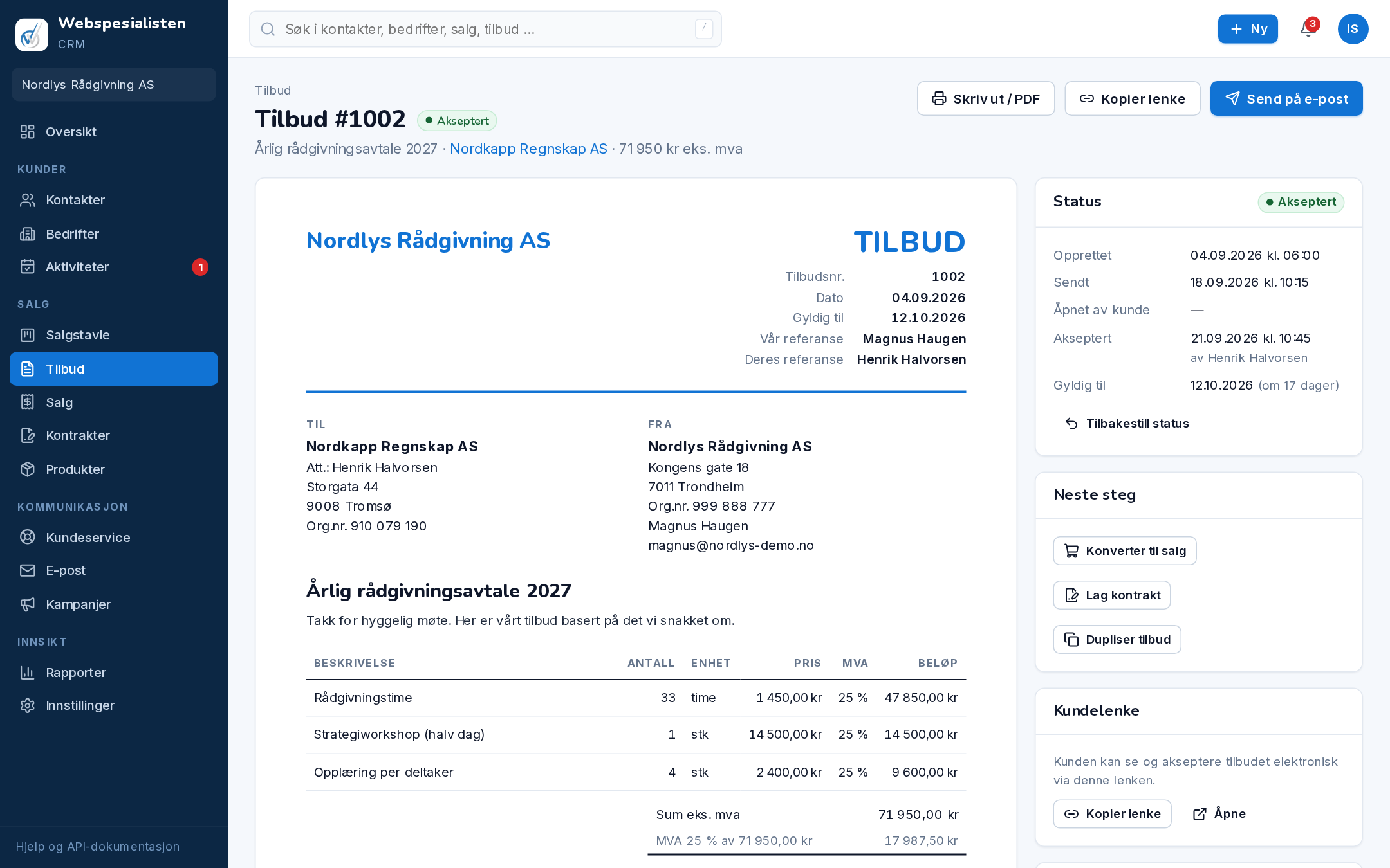 Tilbud i Webspesialisten CRM med produktlinjer, MVA og status akseptert